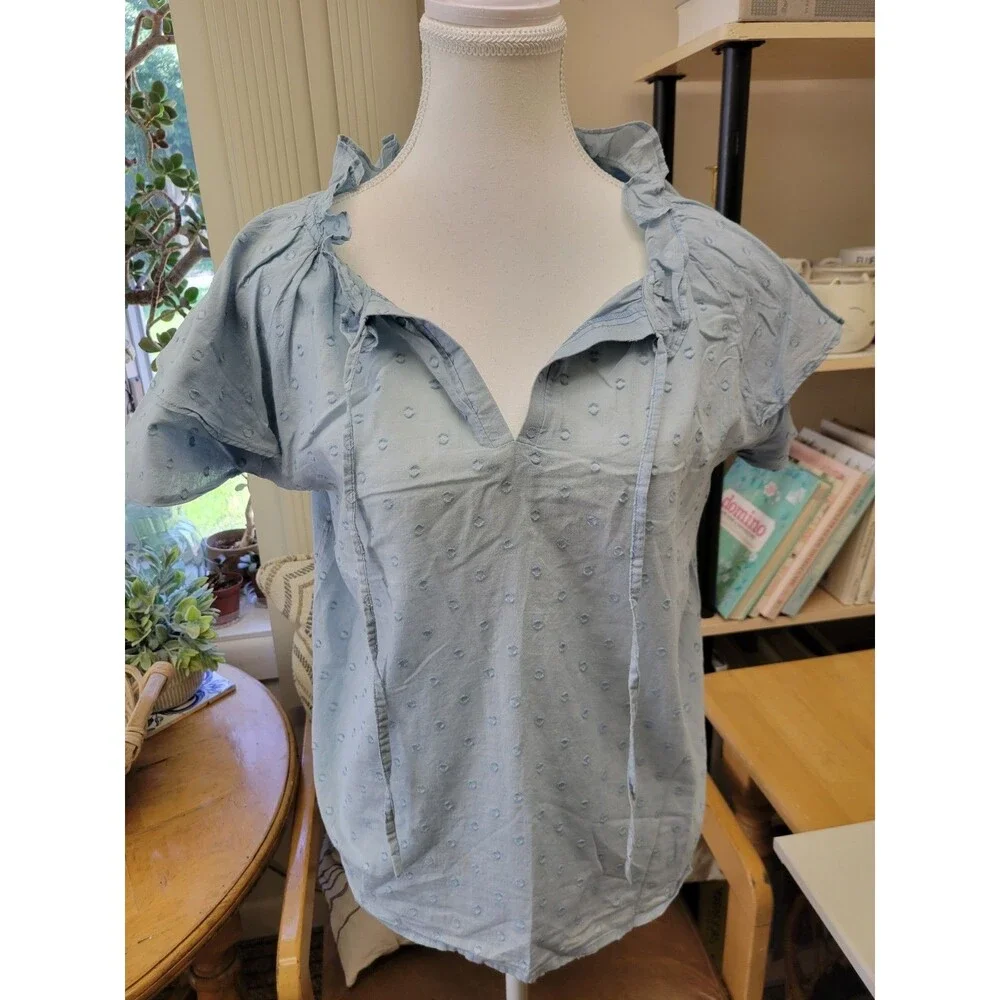 Olivia James The Label Blue Solid 100% Cotton Ruffle V-Neck Pullover Blouse M